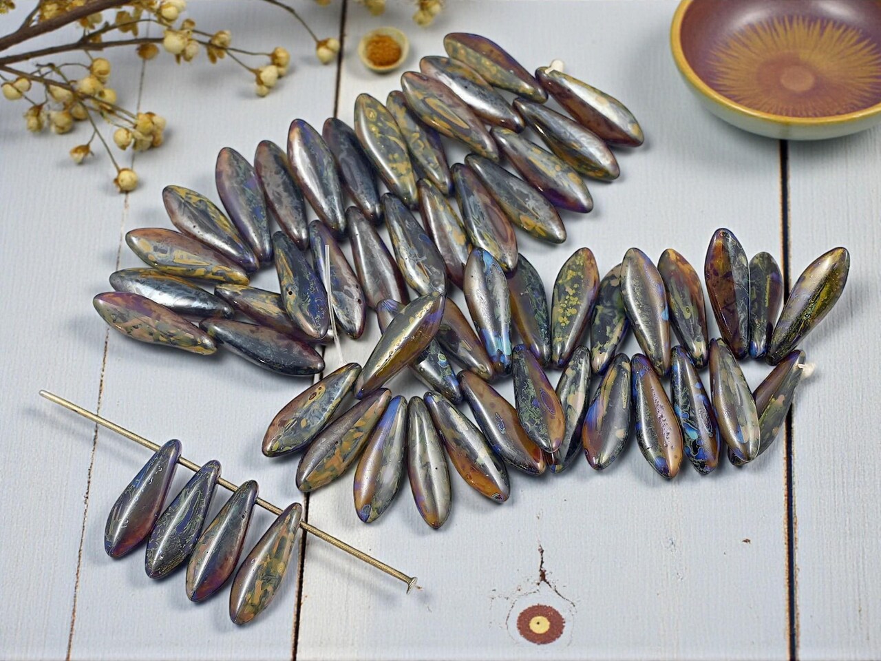*25* 5x16mm Blended Dark Crystal Topaz Travertine Dagger Beads